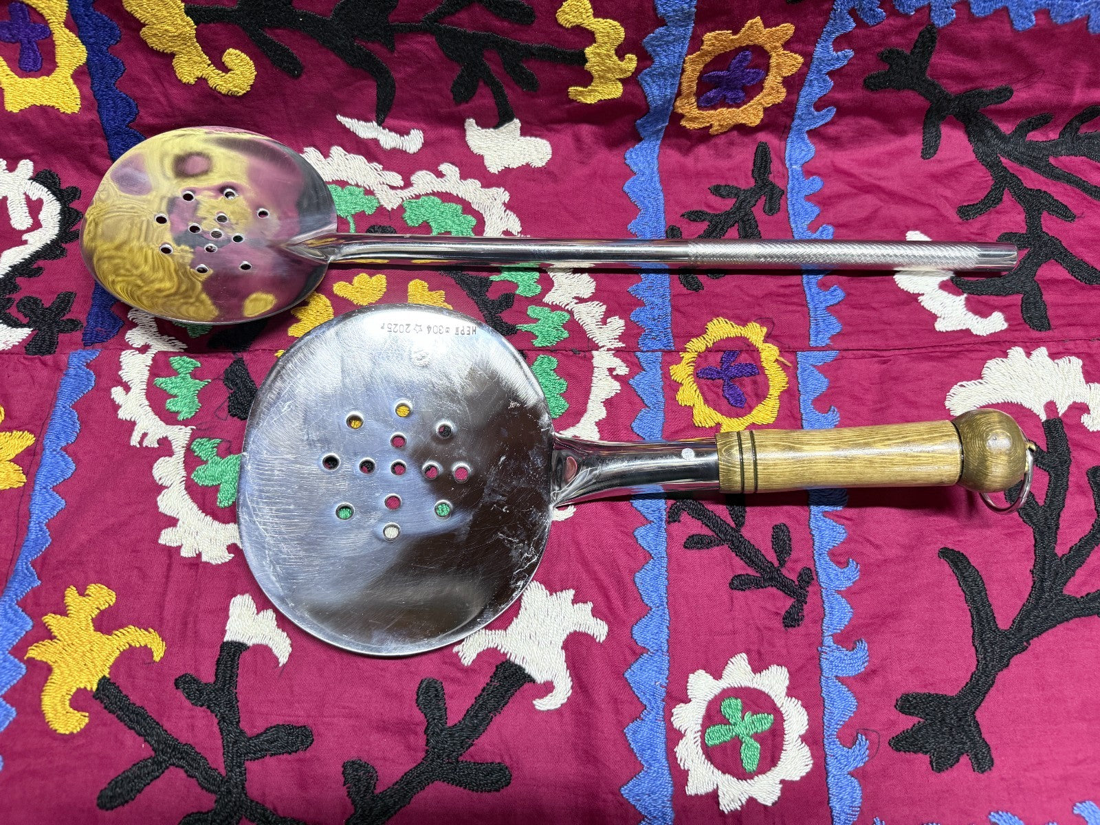 Lot of 2 Handmade Stainless Steel Skimmers – Wooden Handle Kitchen Tools Uzbek2