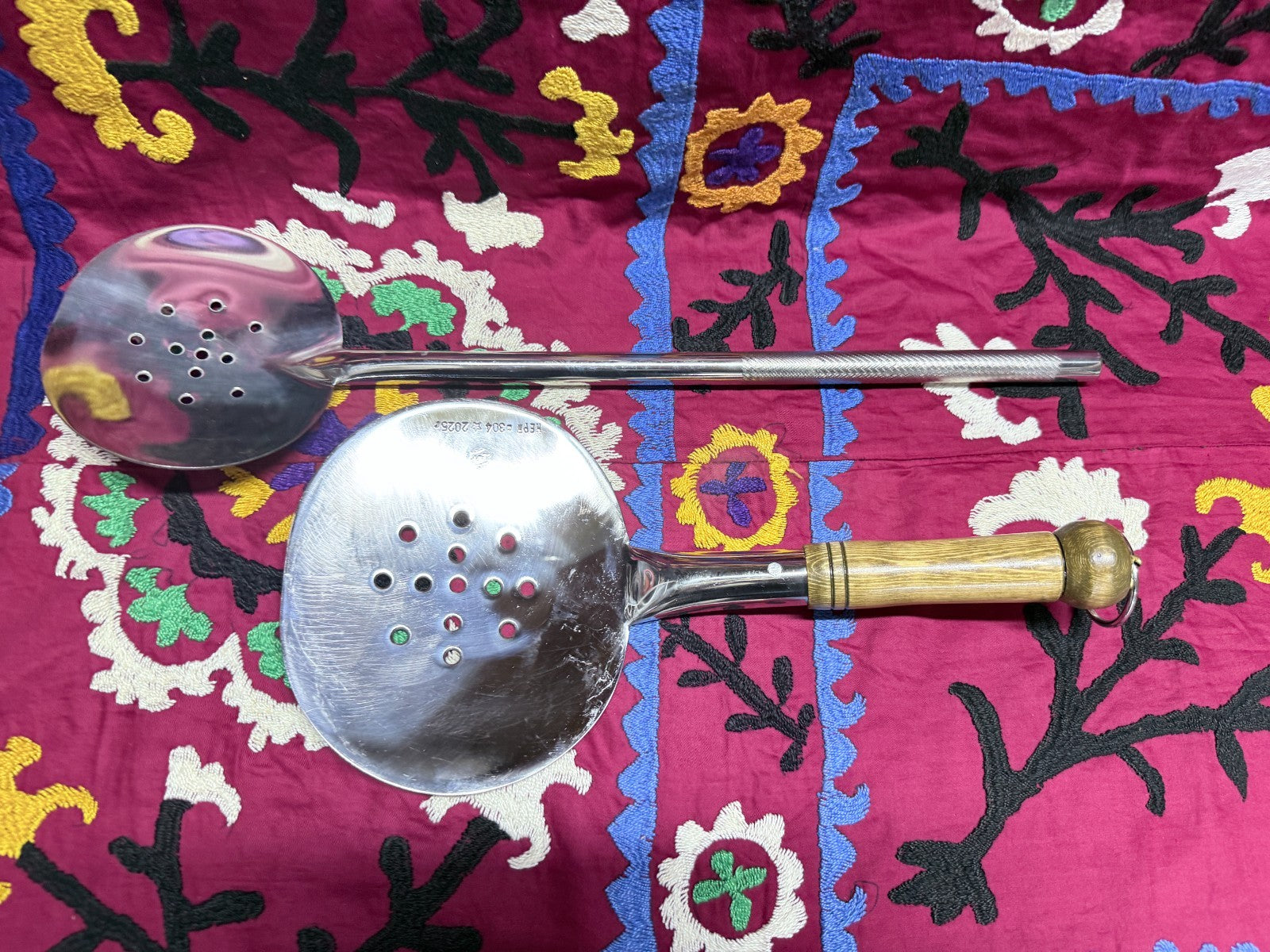 Lot of 2 Handmade Stainless Steel Skimmers – Wooden Handle Kitchen Tools Uzbek2
