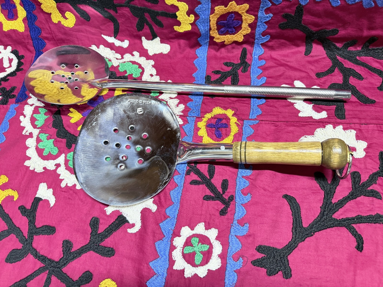 Lot of 2 Handmade Stainless Steel Skimmers – Wooden Handle Kitchen Tools Uzbek2