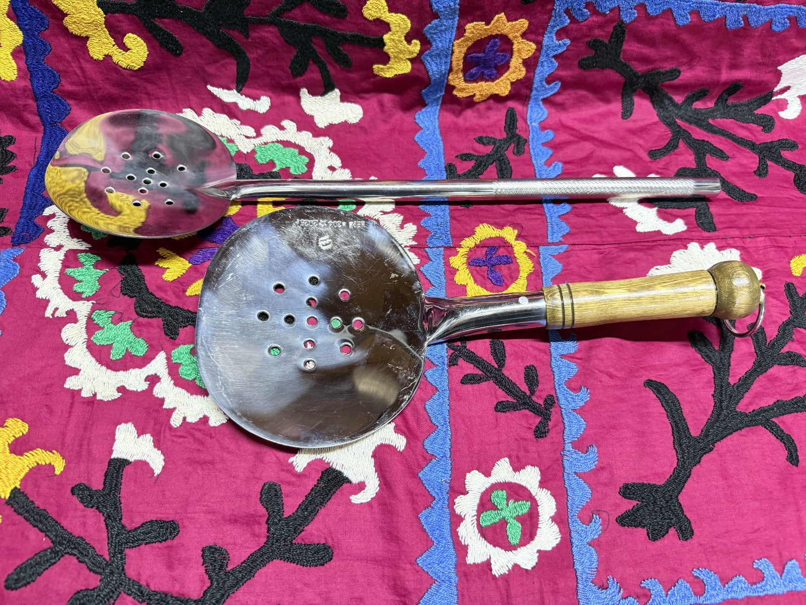 Lot of 2 Handmade Stainless Steel Skimmers –  Wooden Handle Kitchen Tools Uzbek2